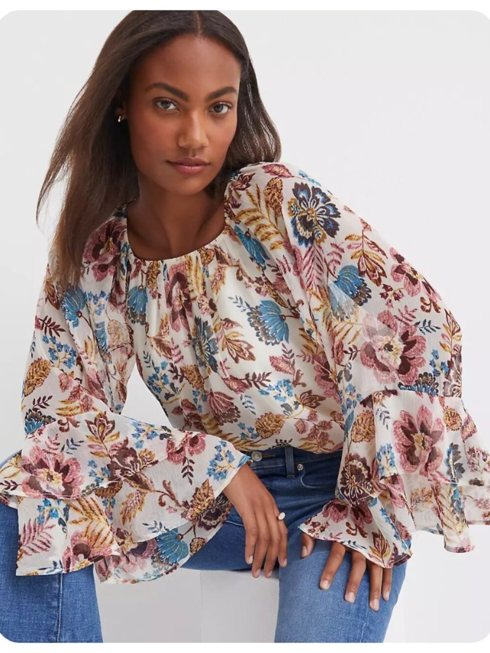 Loft Floral Tiered Long Ruffle Sleeve Blouse sz L